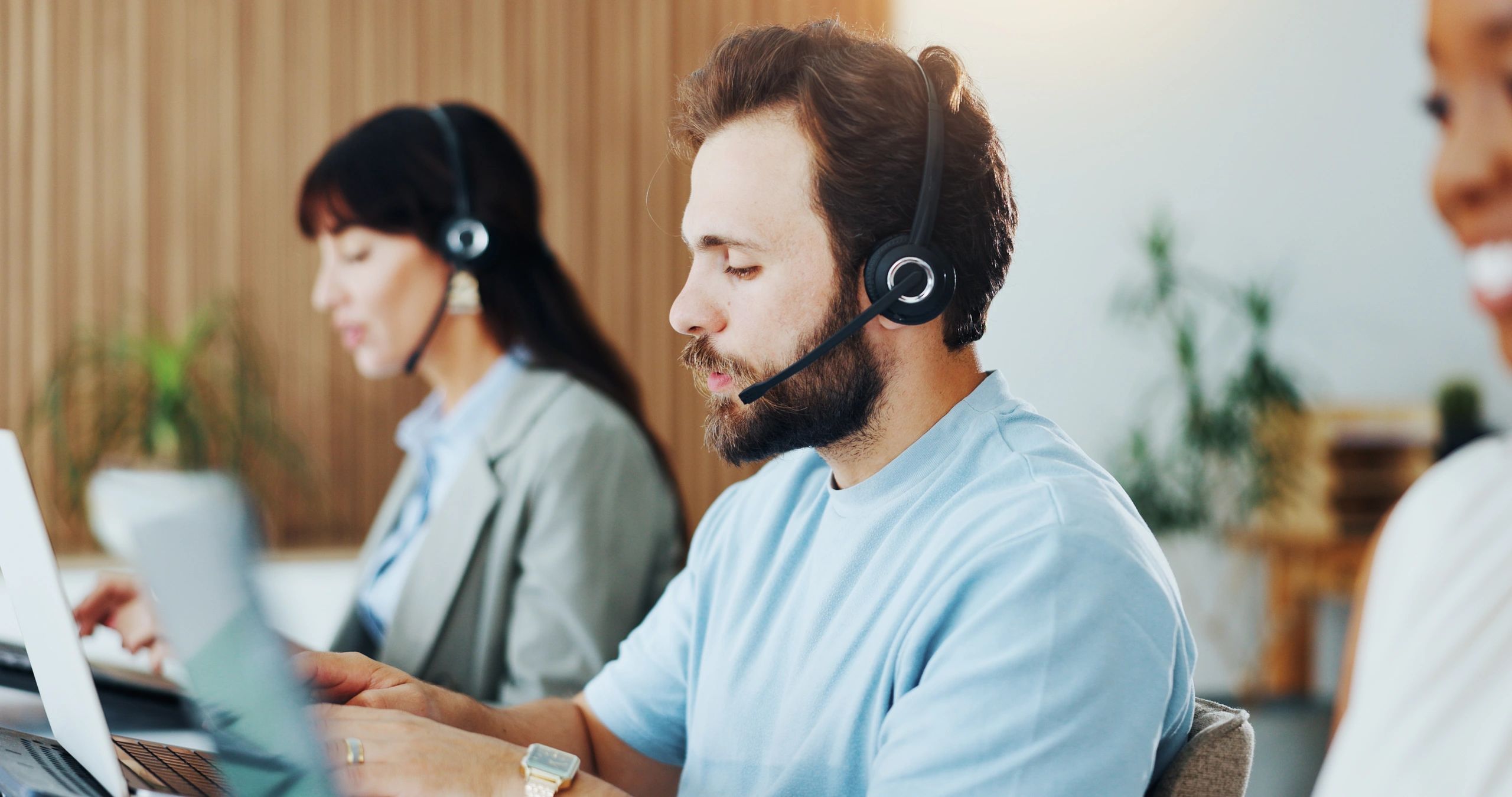 Virtual assistant support team working online with headsets